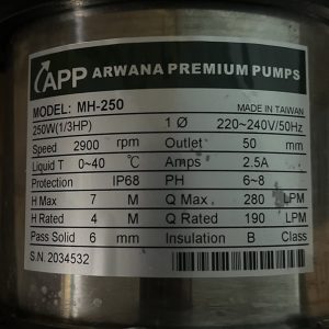 Thông số kỷ thuật Máy bơm nước APP MH-250