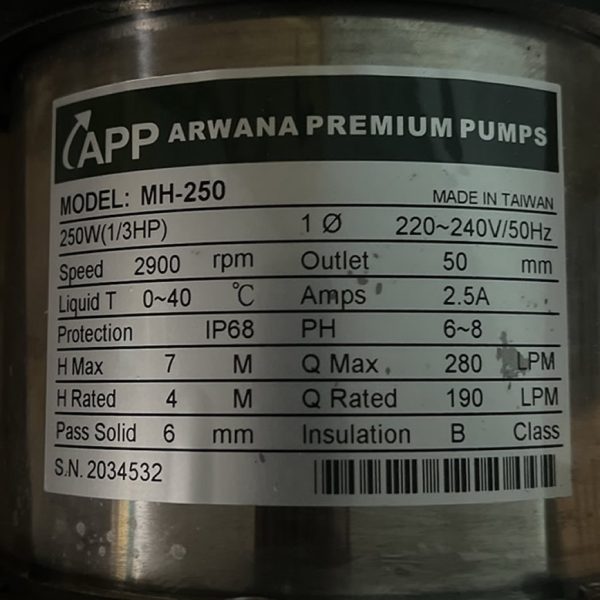 Thông số kỷ thuật Máy bơm nước APP MH-250