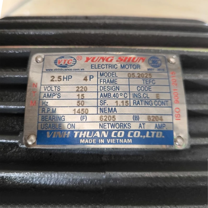 Thông số kỷ thuật Motor VTC 2.5Hp 220v tua 1450 thân nhỏ