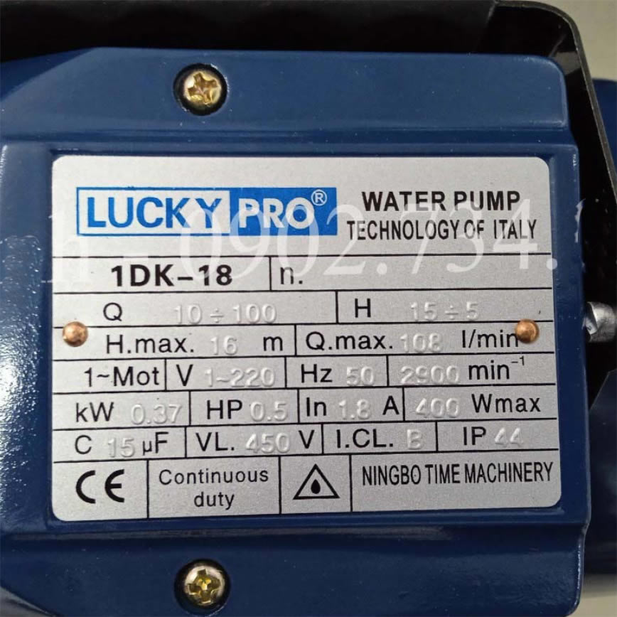 Thông số kỷ thuật Máy bơm nước Lucky Pro 1DK-18 (370w)