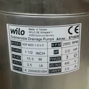 Thông số kỷ thuật Máy bơm nước thải Wilo SDP 40/21-1.5-V-3