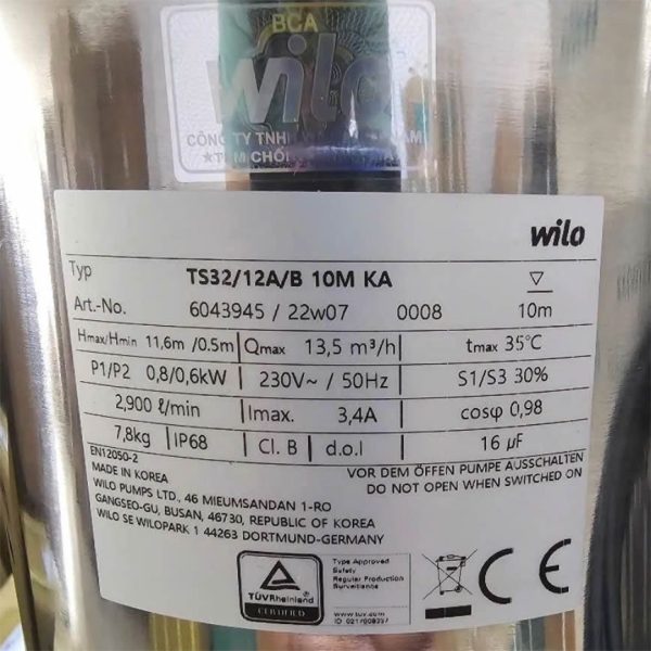 Thông số kỷ thuật Máy bơm nước thải Wilo TS32/12A/B