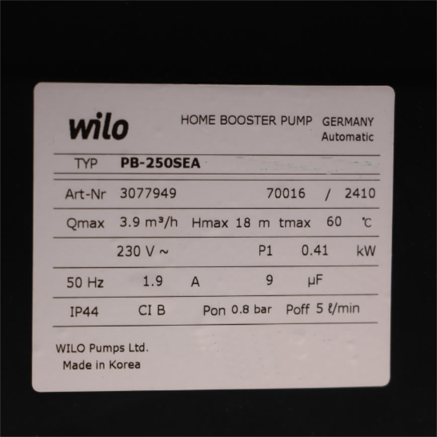 Thông số kỷ thuật Máy bơm nước Wilo PB-250SEA