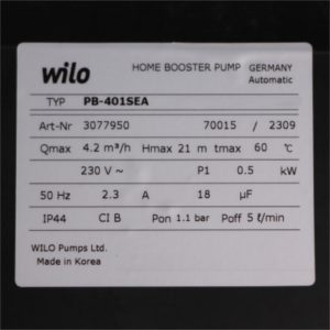 Thông số kỷ thuật Máy bơm nước Wilo PB-401SEA