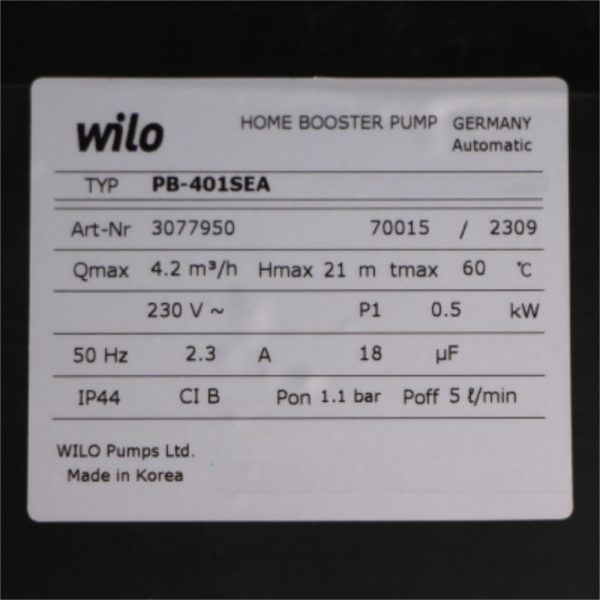 Thông số kỷ thuật Máy bơm nước Wilo PB-401SEA