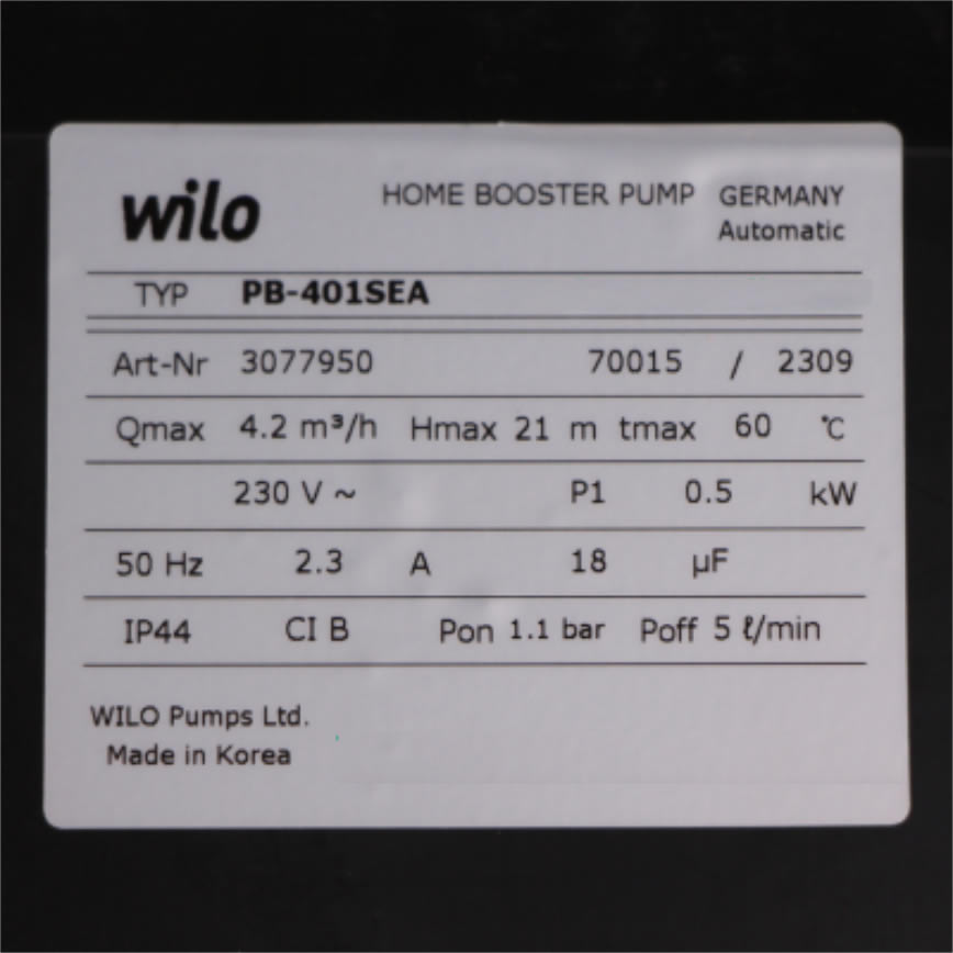 Thông số kỷ thuật Máy bơm nước Wilo PB-401SEA