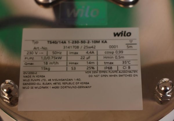 Thông số kỷ thuật Máy Bơm nước Wilo TS40/14A