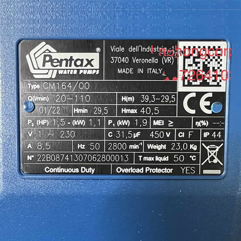 Thông số kỷ thuật Máy Bơm nước 1.5Hp Pentax CM 164/00