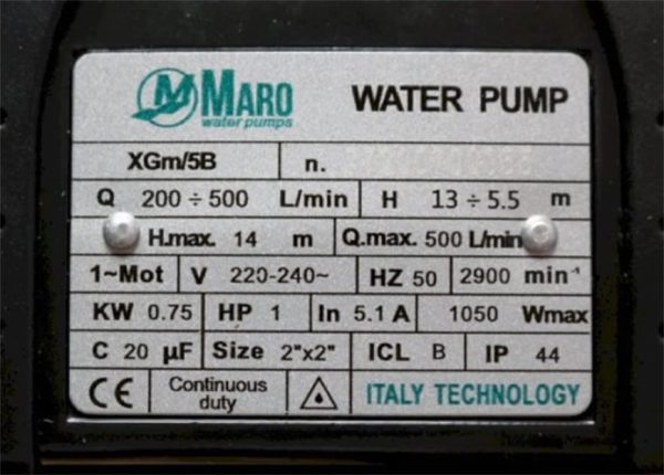 Thông số kỷ thuật Máy bơm nước Maro XGm/5B