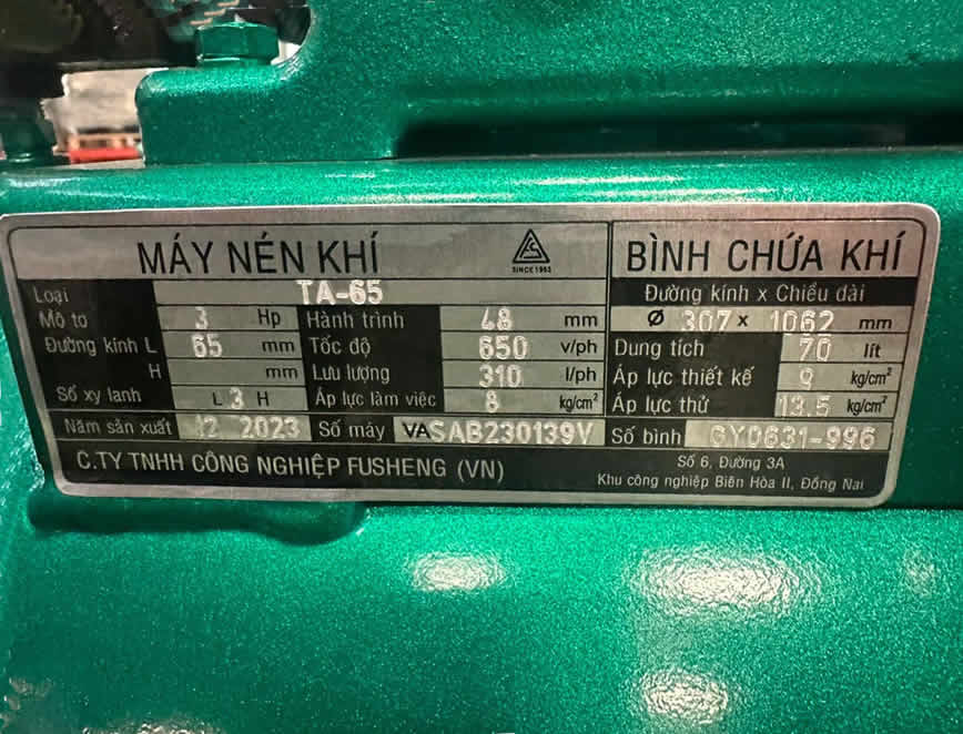 Thông số kỷ thuật Máy nén khí 3Hp 220v Fusheng TA-65