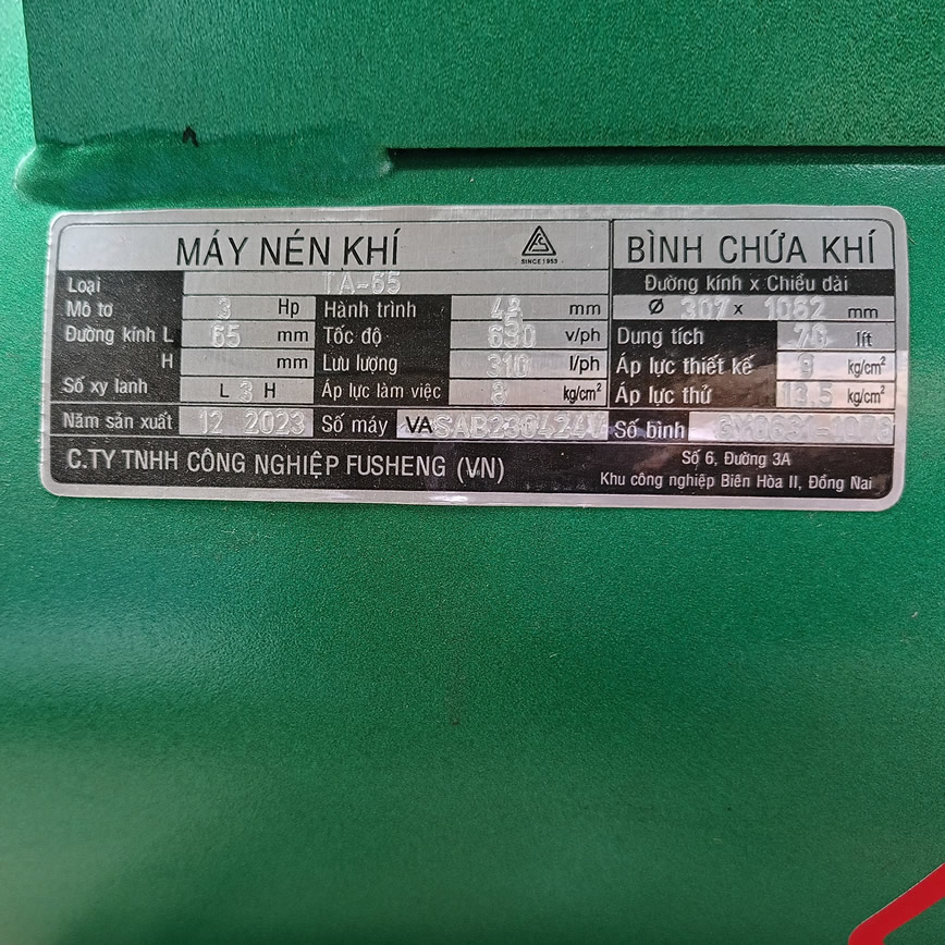 Thông số kỷ thuật Máy nén khí Fusheng TA-65 (2Hp 380v)