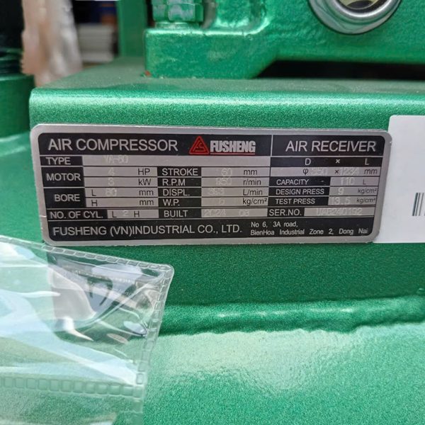 Thông số kỷ thuật Máy nén khí 3Kw điện 1 pha Fusheng VA-80