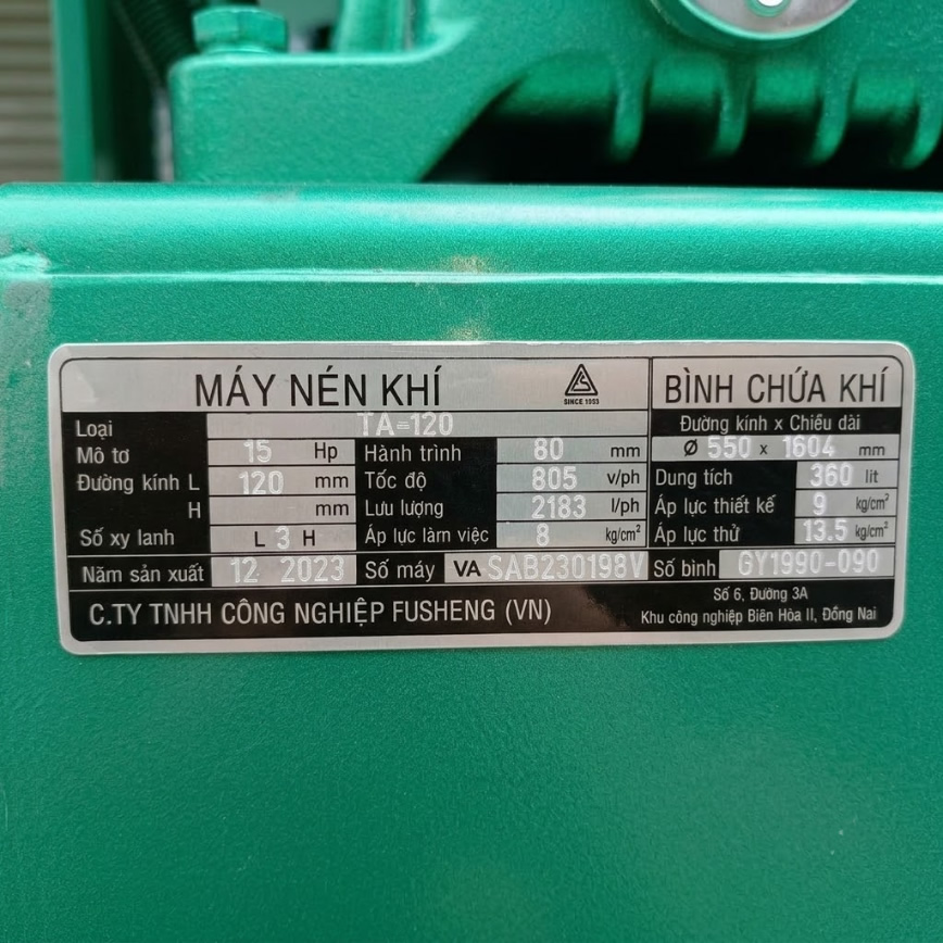 Thông số kỷ thuật Máy Nén Khí 15Hp Fusheng TA-120