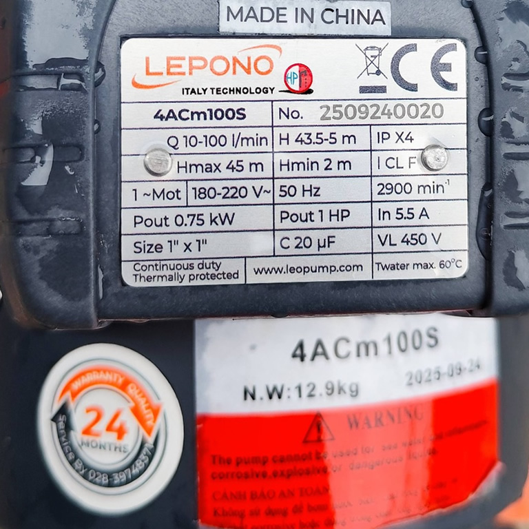 Thông số kỷ thuật máy bơm nước Lepono 4ACm100S