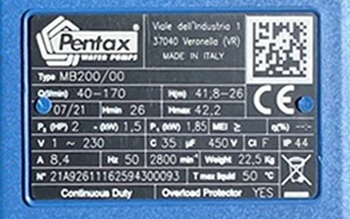 TSKT Máy bơm Pentax MB 200 2 NGỰA 1 PHA