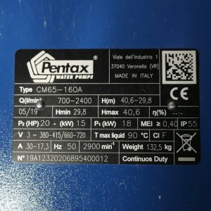 Tông số kỷ thuật Máy bơm nước Pentax CM65-160A 20HP (90-76)