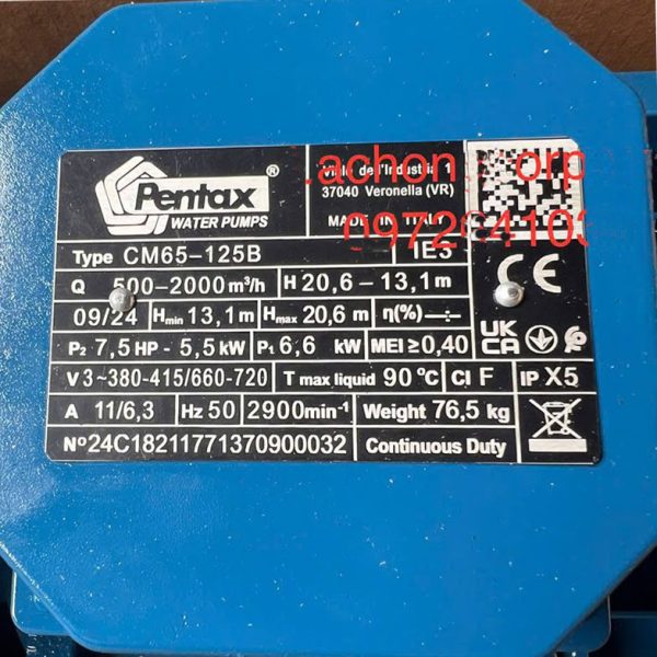 Thông số kỷ thuật Máy bơm Pentax CM65-125B 7.5Hp (90-76)