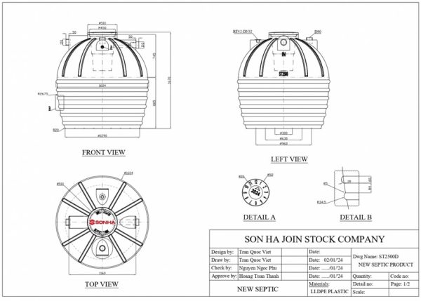 Thông số kỷ thuật Bể tự hoại Sơn Hà 2.500 lít