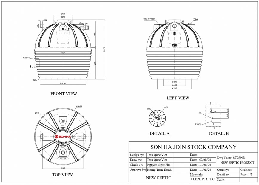 Thông số kỷ thuật Bể tự hoại Sơn Hà 2.500 lít